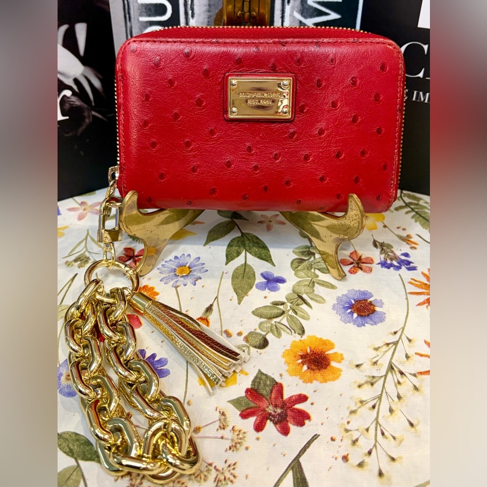 EUC! MICHAEL KORS Red Zip Wallet with Gold Chain Wristlet - Picture 1 of 15